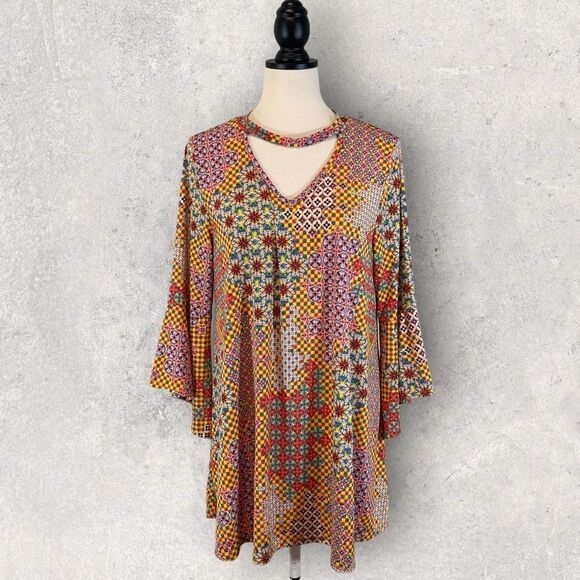 Annabelle Multicolor Blouse Keyhole Neck Bell Sleeve, Size L - Picture 1 of 10
